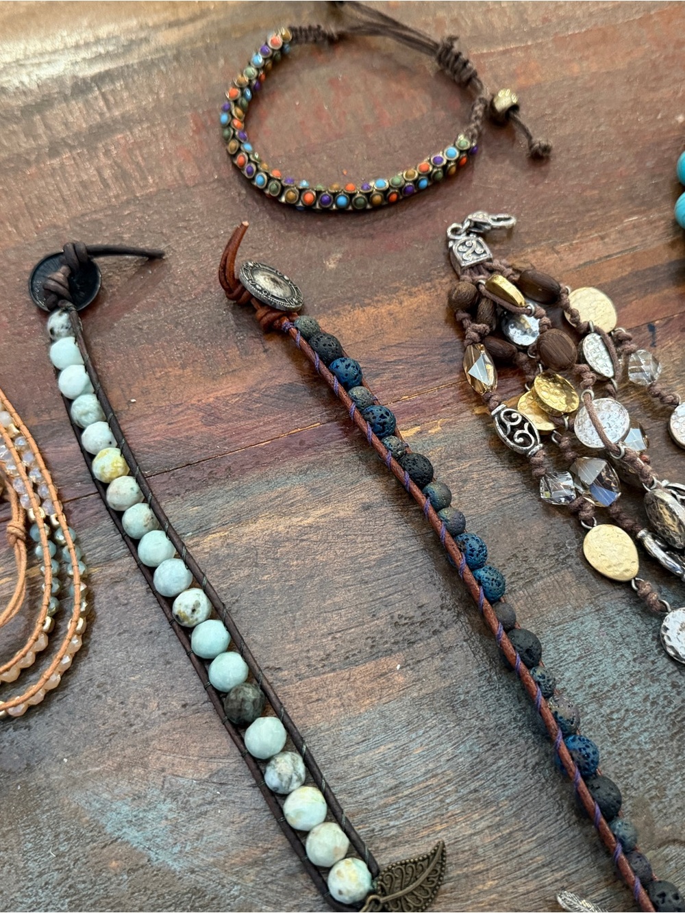 (6) Brown Leather Beaded Wrap Bracelet with Aqua and Black Accents